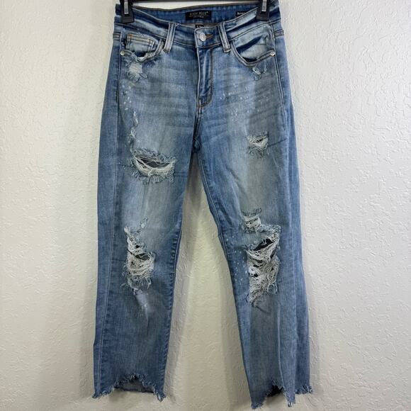Judy Blue jean bleach splatter ripped raw hem size 1 denim Distressed Blue Jeans - Picture 2 of 12